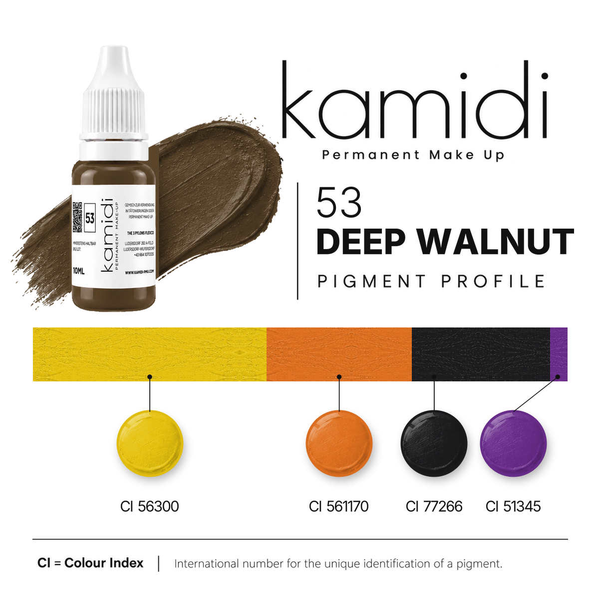 Kamidi 53 Deep Walnut – Pigmentprofil des organischen PMU Augenbrauenpigments mit CI-Nummern